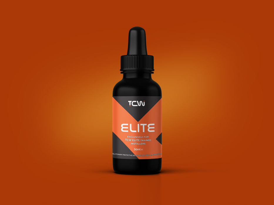 A black dropper bottle labeled TCW ELITE, centered against a solid orange gradient background.